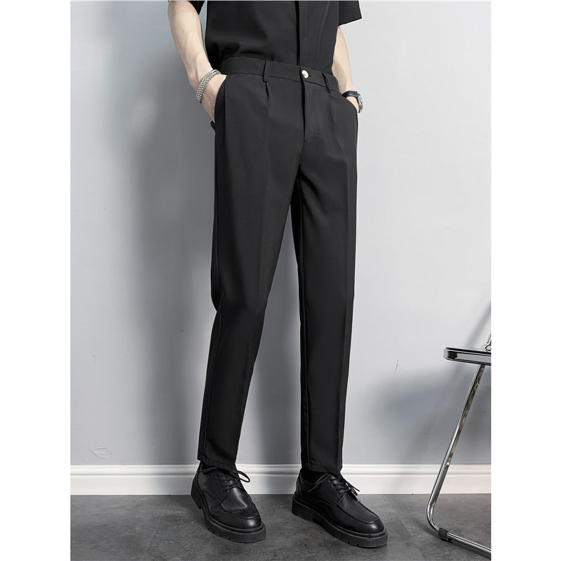 Slim fit, straight, anti-wrinkle suit trousers, men's non-iron, business casual pants, high-end drape, black cropped trousers