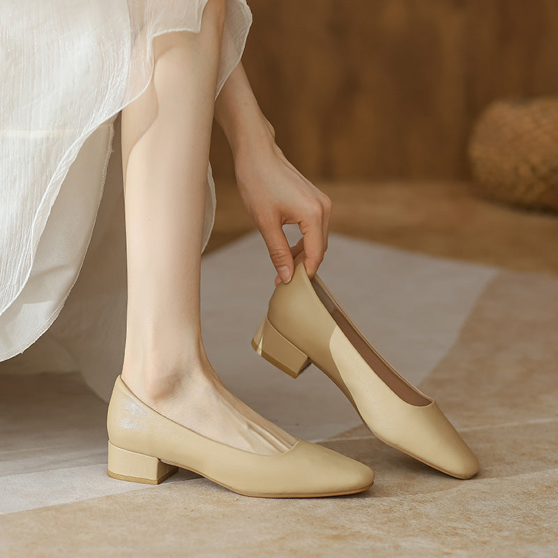 Leather pumps, women's block heels, spring and autumn new versatile square toe medium heel granny shoes, commuter work shoes