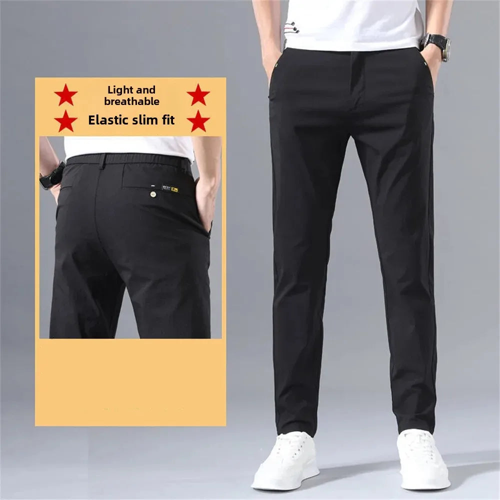 Ice silk casual trousers, men's summer thin trousers, sun protection, quick-drying straight, stretch cargo pants, abrasion resistant work pants
