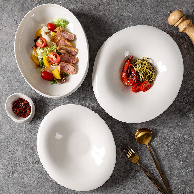 Nordic minimalist style pure white ceramic salad bowl home cold dish western dinner plate hotel business ceramics dessert pasta bowl