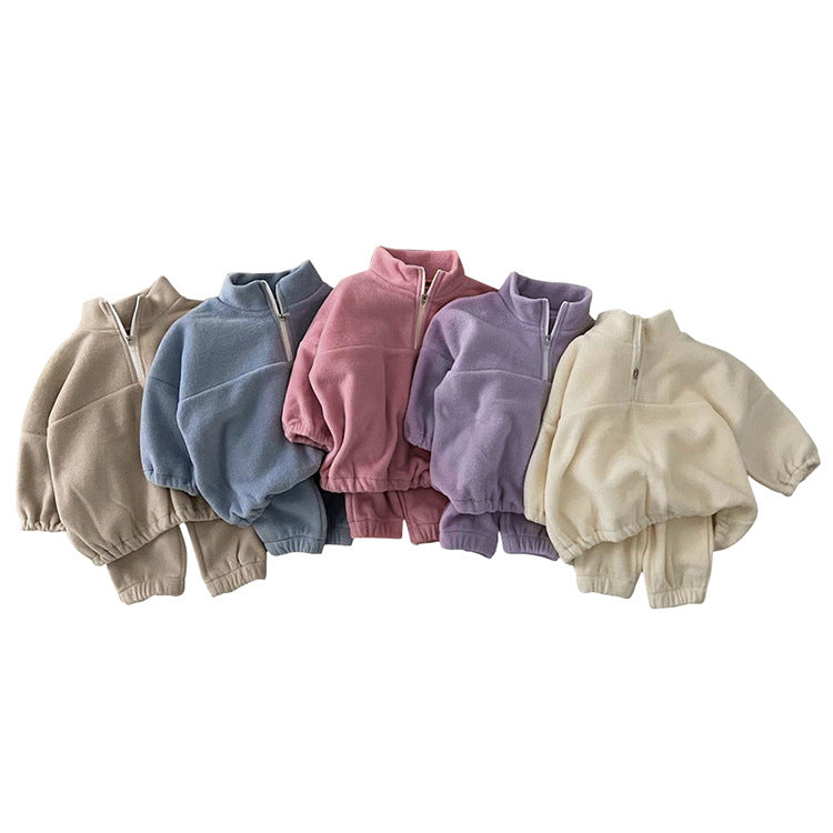 2025 Fall/Winter Baby Double-Sided Fleece Stand Collar Sports Set Baby Fleece Set Baby Wear Two-Piece Outer Set