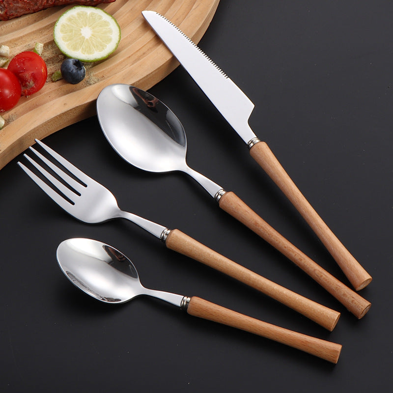 Beech handle cutlery knife, fork and spoon set Japanese style small waist wooden handle fork soup spoon steak knife fork western tableware