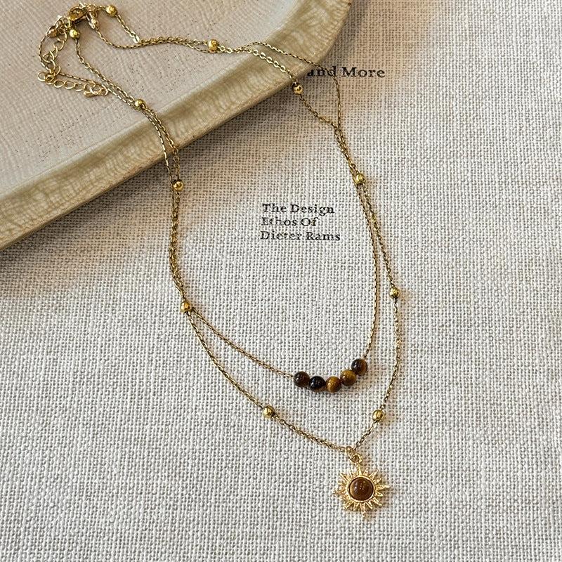 Vintage Gold Sunflower Tiger's Eye Necklace Women's Niche Design Sense Stacking Sweater Chain Autumn Winter Clavicle Chain Accessories