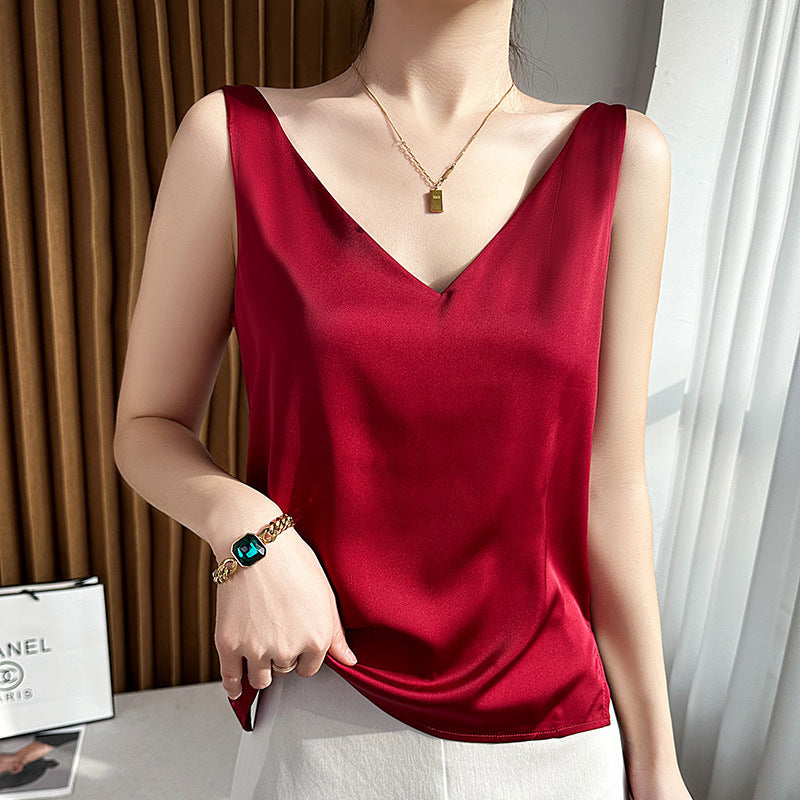 Suspenders women's acetate satin 2025 summer new suit with a vest plus size outside the beautiful back korean version of the base shirt