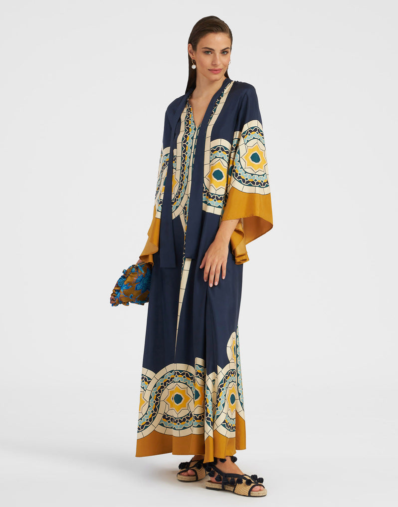 Cross-border foreign trade independent station Amazon Europe and the United States new summer print three-quarter sleeve stand-up collar dress