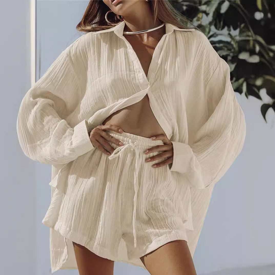European and American women's casual two-piece set for summer 2023 new long-sleeved shirt, top and shorts tracksuit set