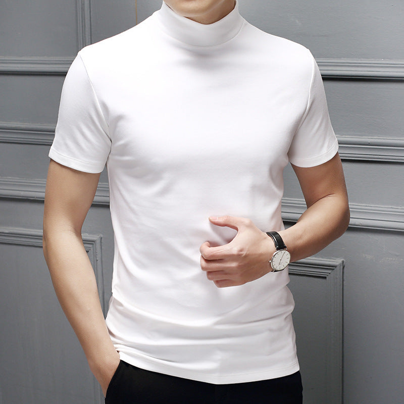 A drop-hair spring and summer men's half-high-neck milk silk short-sleeved slim T-shirt men's solid color high-neck trend base shirt