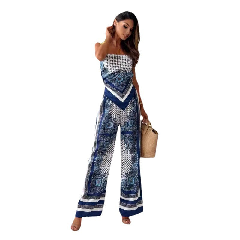 2024 Summer New Amazon Fashion Print Suspender Wrap Chest + Positioning Flower Pants Set 2-Piece Women's Wear