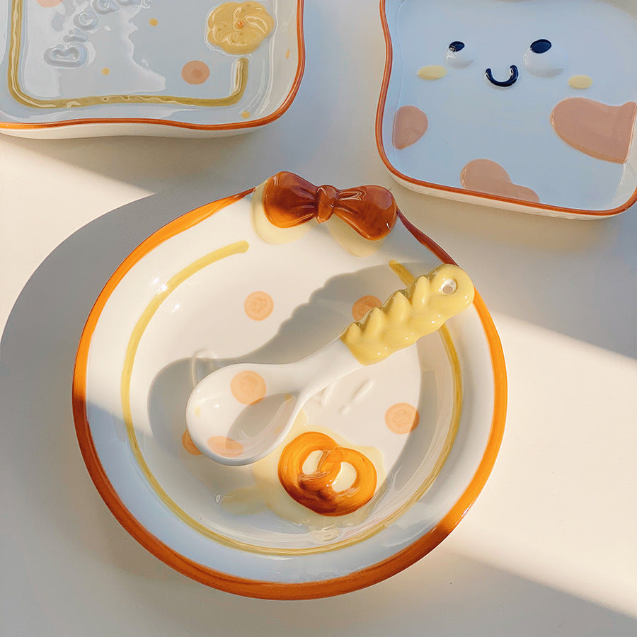 Cute bread, ceramic tableware, home bowl, dessert cookie, bread, high value round plate, rice bowl, spoon, plate