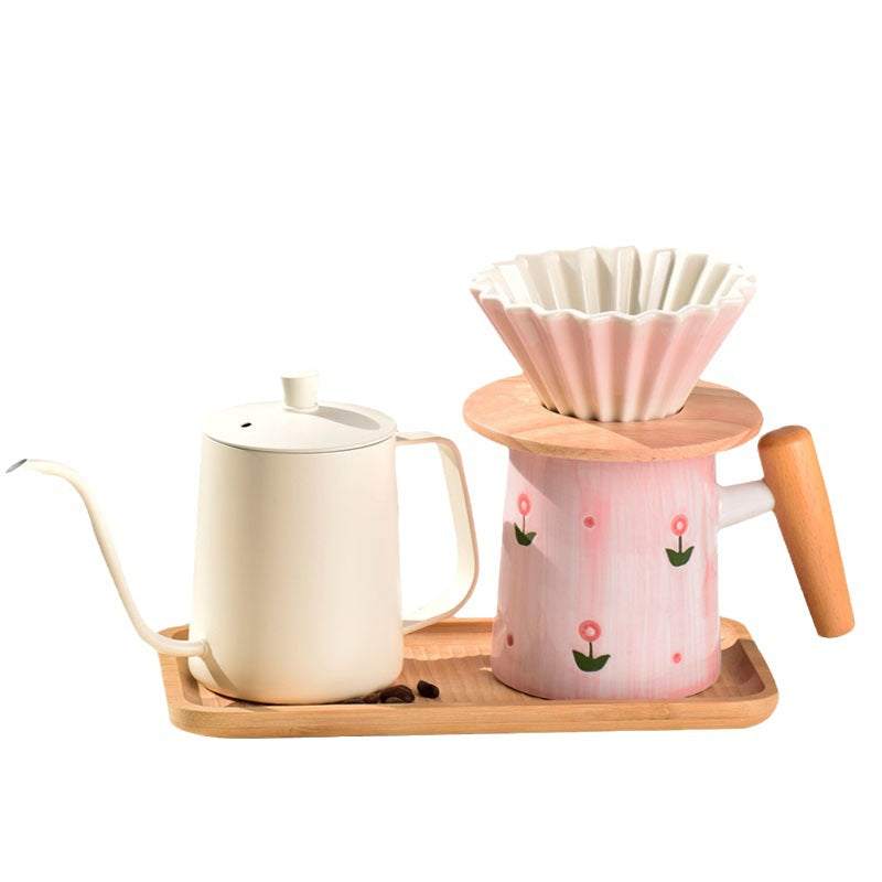 High-value hand-painted pink ceramic wooden handle hand pour-over grinder coffee set origami small V60 coffee filter cup