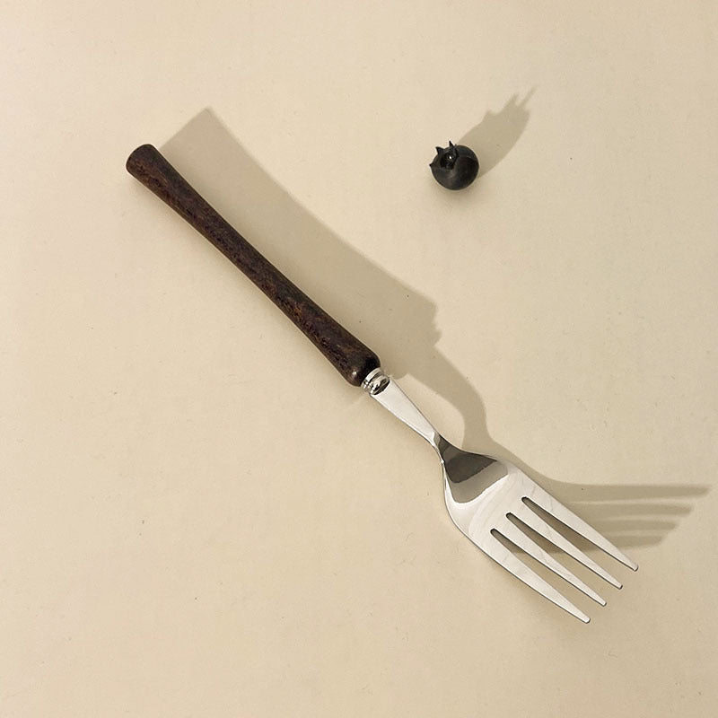 Cross-border 304 stainless steel wooden handle western tableware shiny small waist steak knife, fork spoon, dessert spoon four-piece set