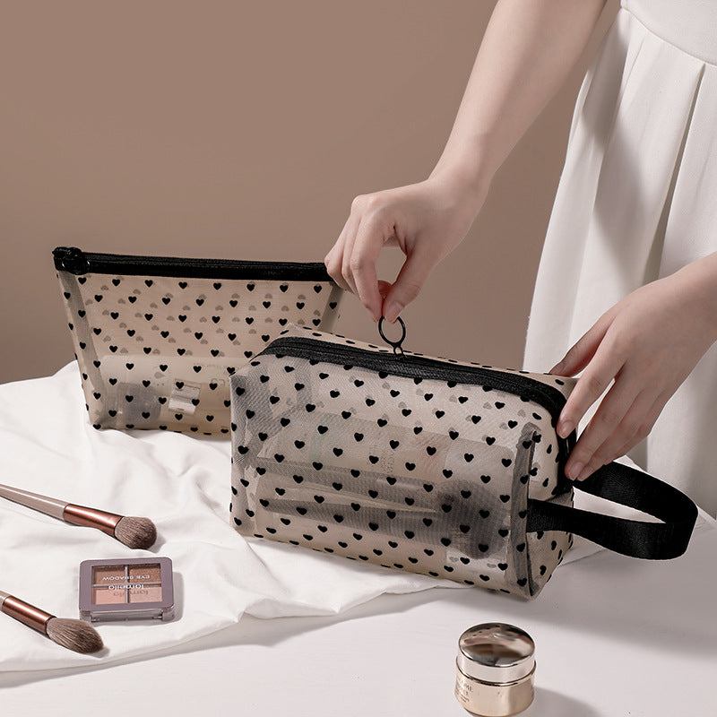 ins Japanese Korean girl heart flocking love mesh cosmetic bag transparent travel storage bag portable lipstick bag wholesale