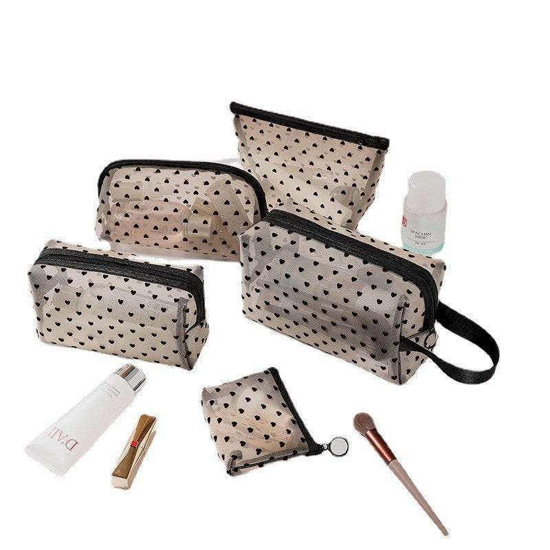 ins Japanese Korean girl heart flocking love mesh cosmetic bag transparent travel storage bag portable lipstick bag wholesale