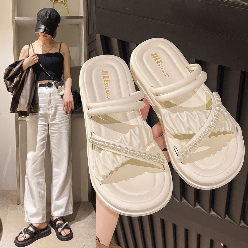 French high-end sandals for women 2025 new wear non-slip platform platform rhinestone pearl versatile slippers for women's summer