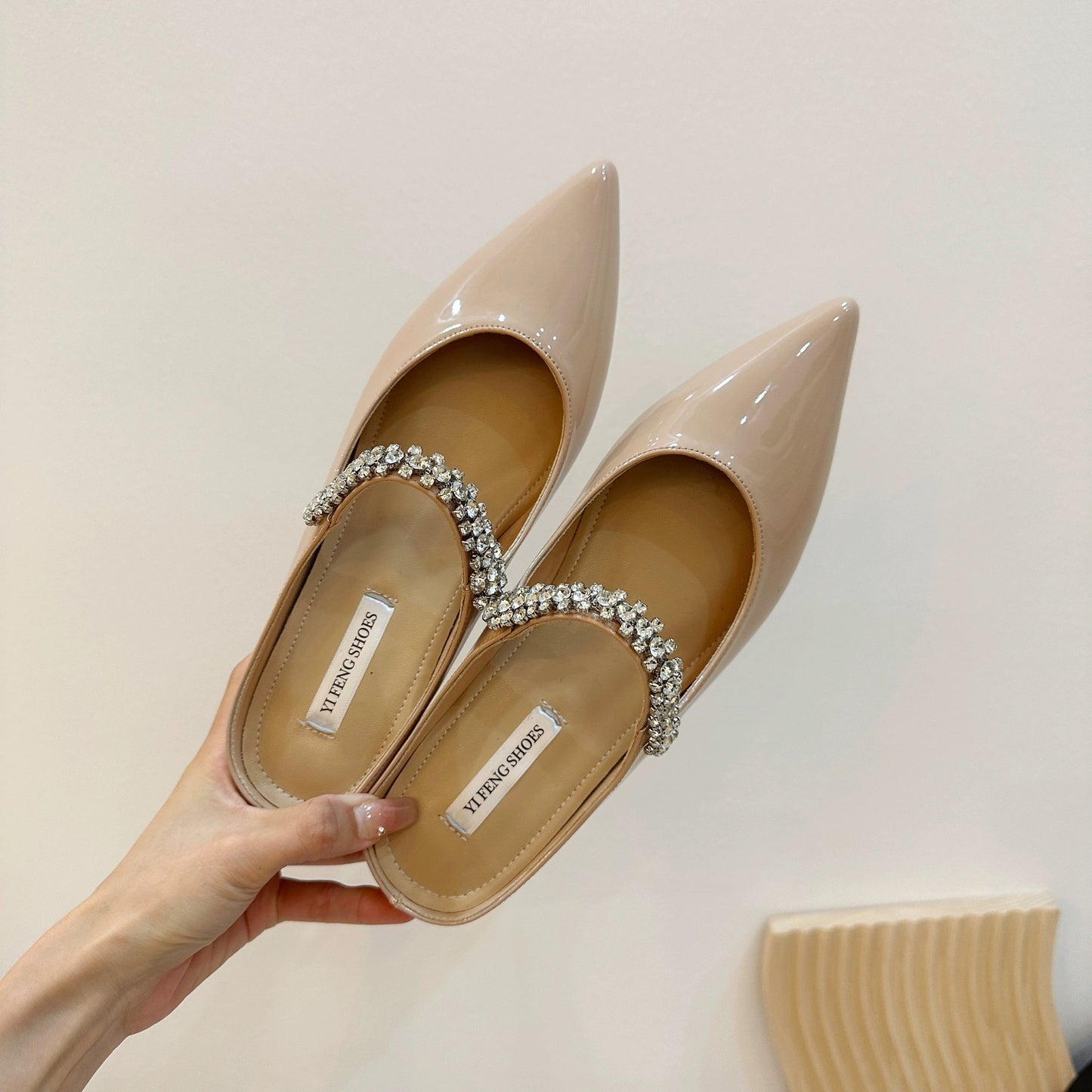 Lambskin ~ 5CM inner height increase half slippers women's summer wear pointed toe rhinestone silver mules toe toe sandals women