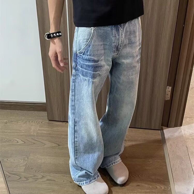Niche crack design washed light blue jeans, men's American trend, casual and versatile, loose straight leg trousers