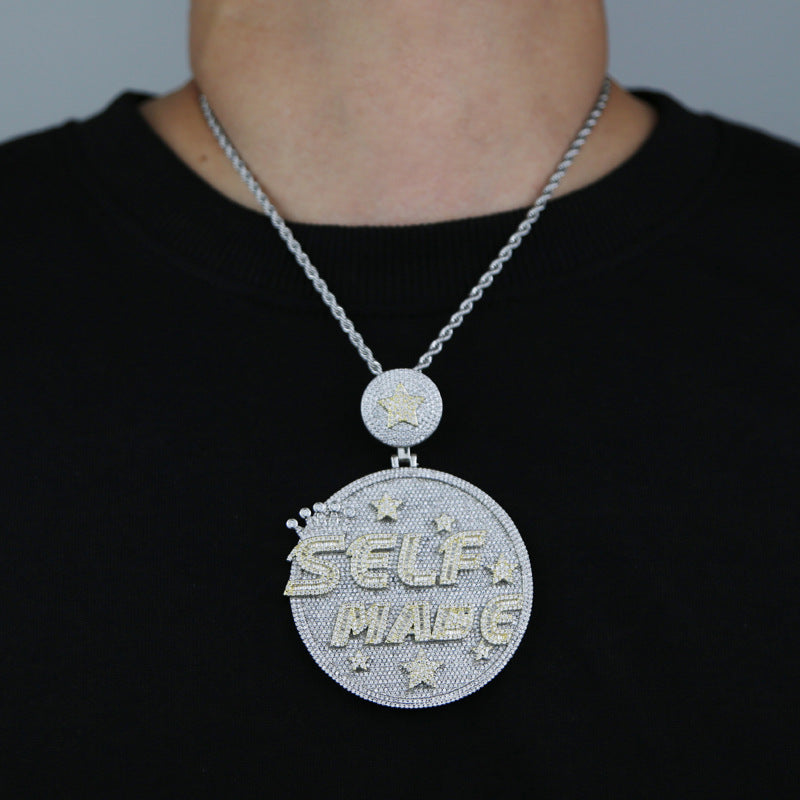 Amazon three alloy SELFMADE letter round pendants European and American trend inlaid zircon men's necklace wholesale