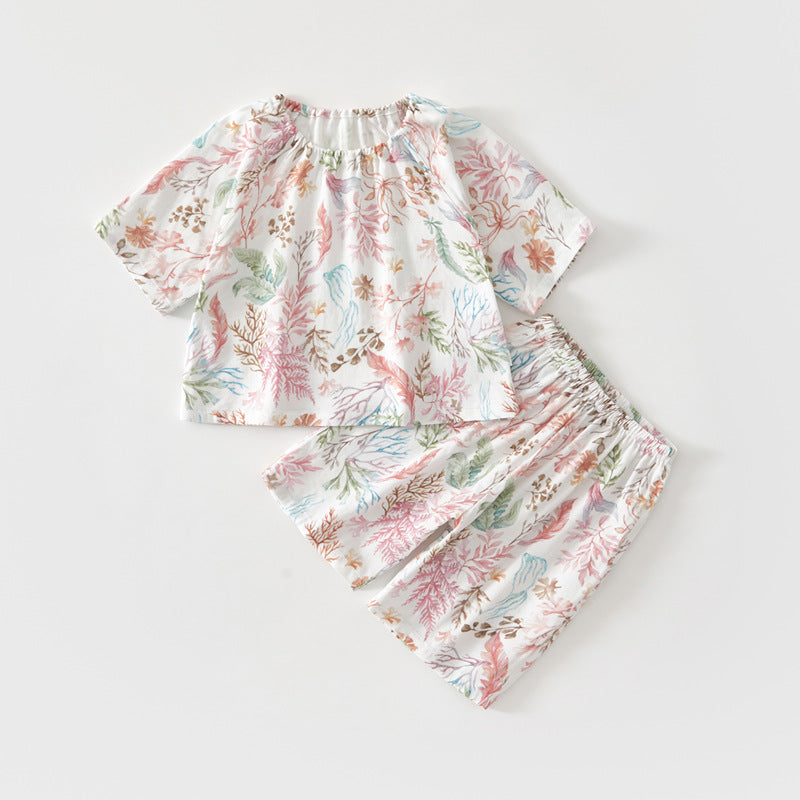 Korean vintage floral pajamas baby print casual two-piece summer new gauze set baby loungewear