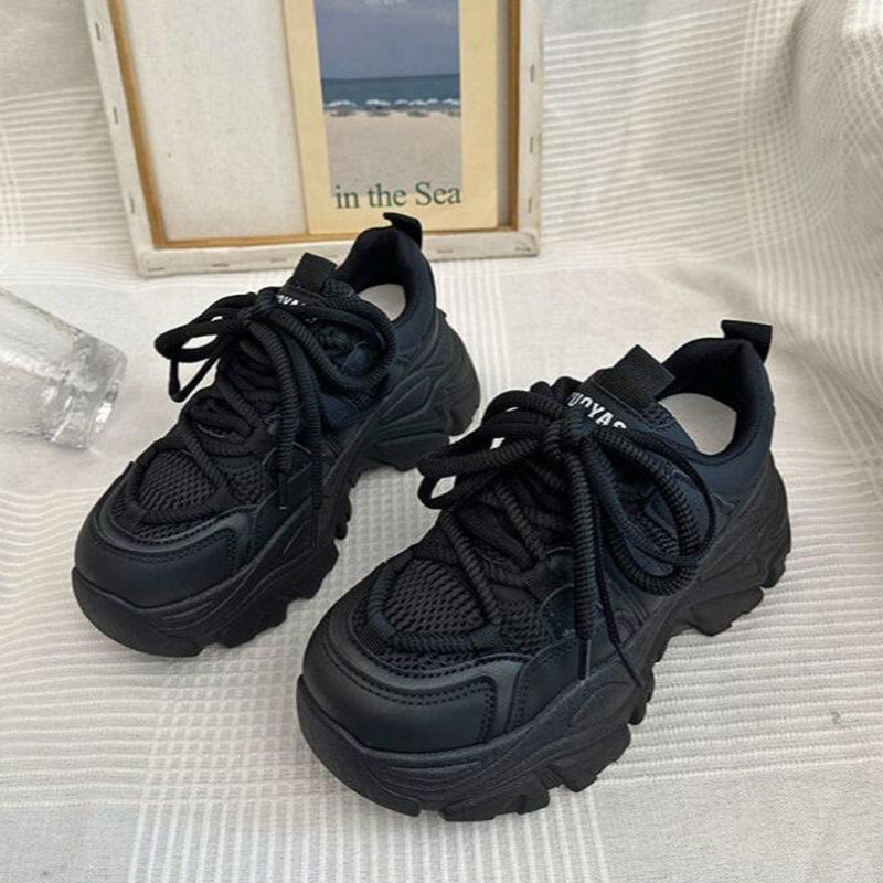 Heightened thick-soled dad shoes women's spring mesh breathable and versatile 2025 new popular Hong Kong style solid color sports women's shoes