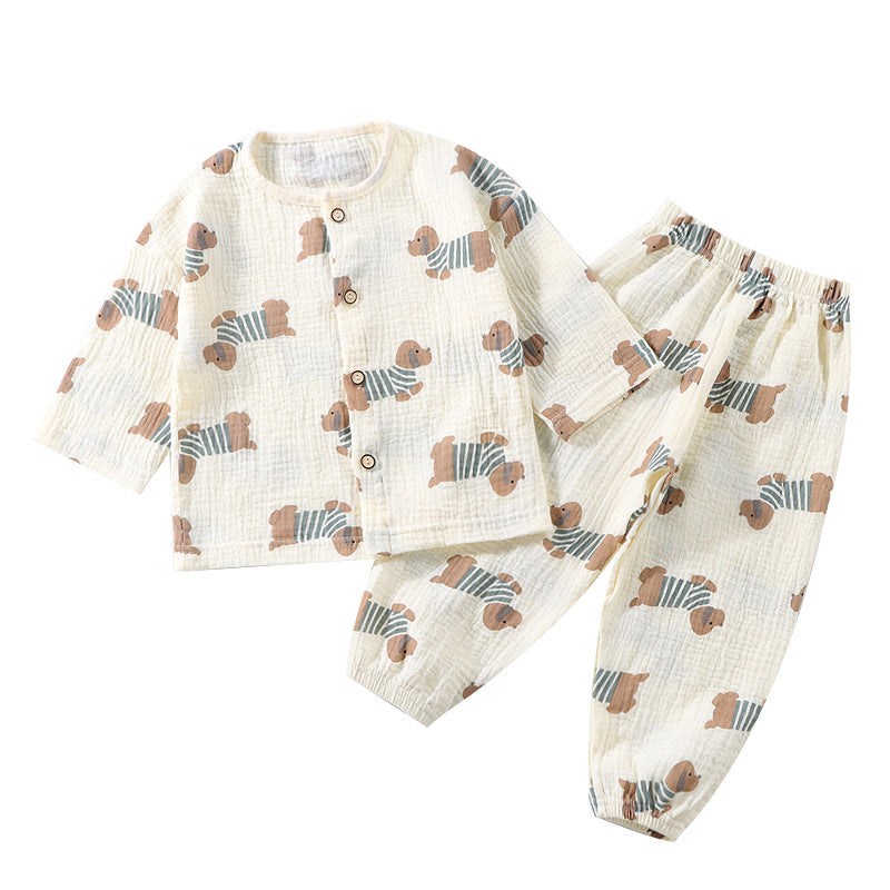 New Spring and Autumn Double Layer Cotton Yarn Set Baby Summer Cartoon Breathable Air Conditioning Clothes Pajamas Children's Close-fitting Loungewear