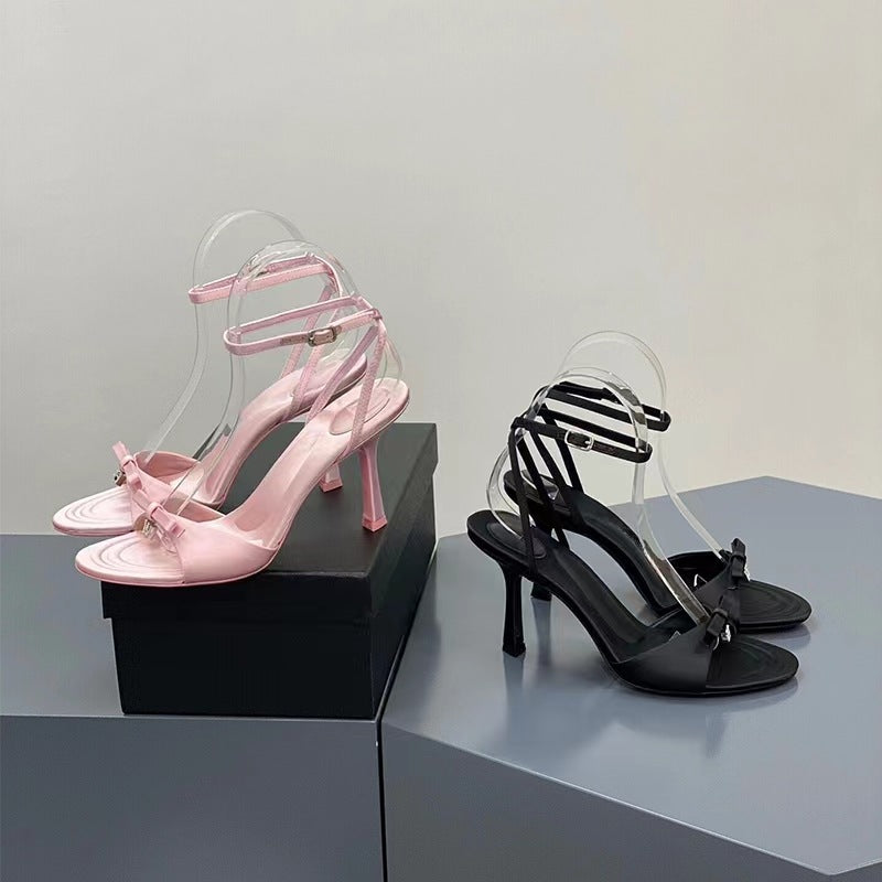 French satin high heels sandals women's summer 2023 new niche high-end sense of one line with thin heel open-toe sandals women