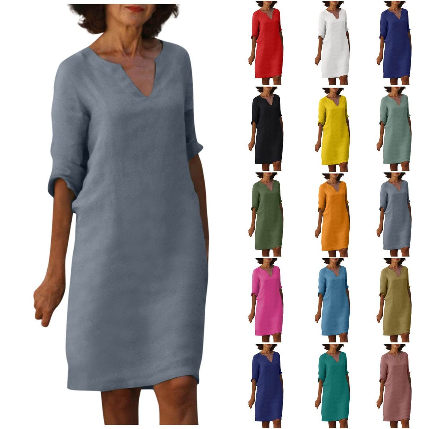 Amazon European and American cotton and linen V-neck stitching retro high-waisted solid color three-quarter sleeve dress cotton and linen wash crinkled fabric