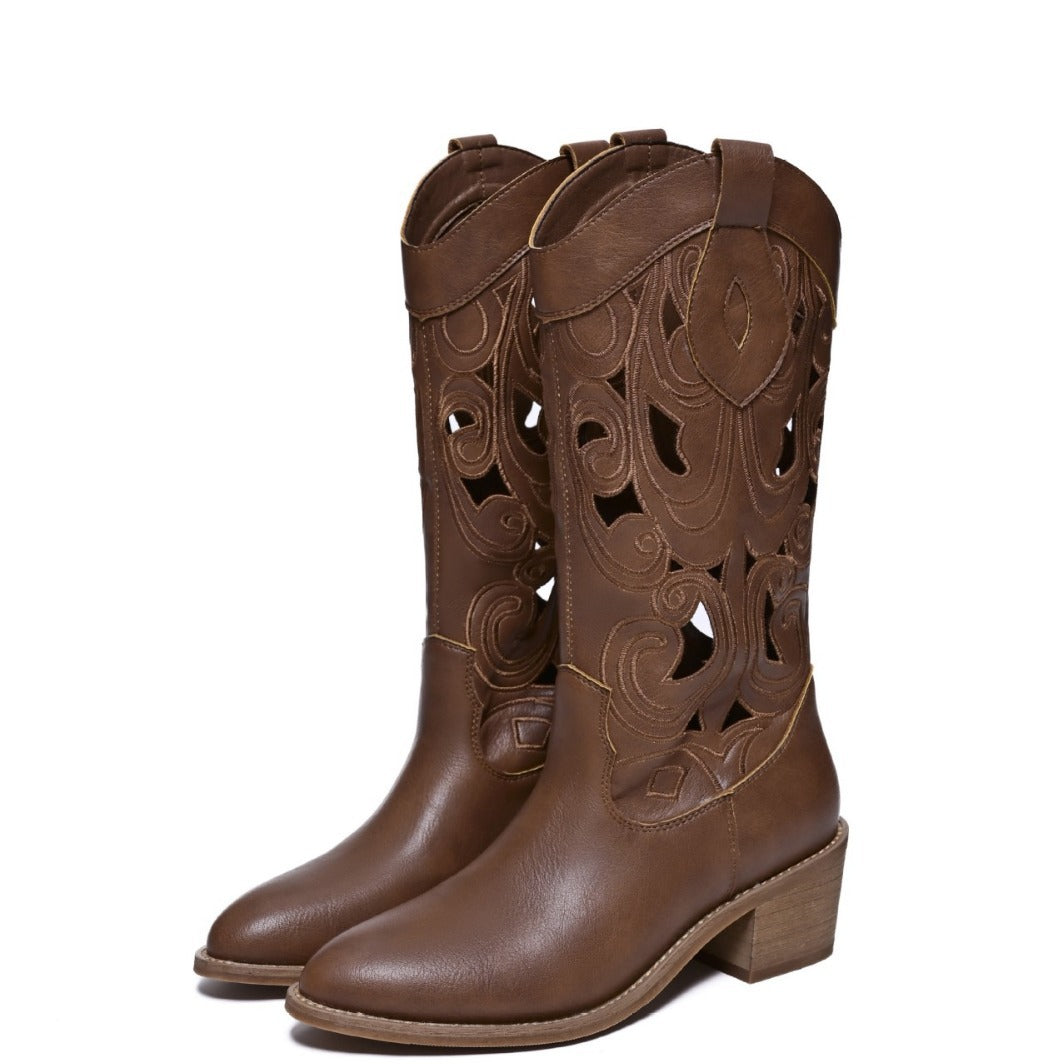 Miss Valunen boots summer cut-out western cowboy boots women's vintage embroidery boots