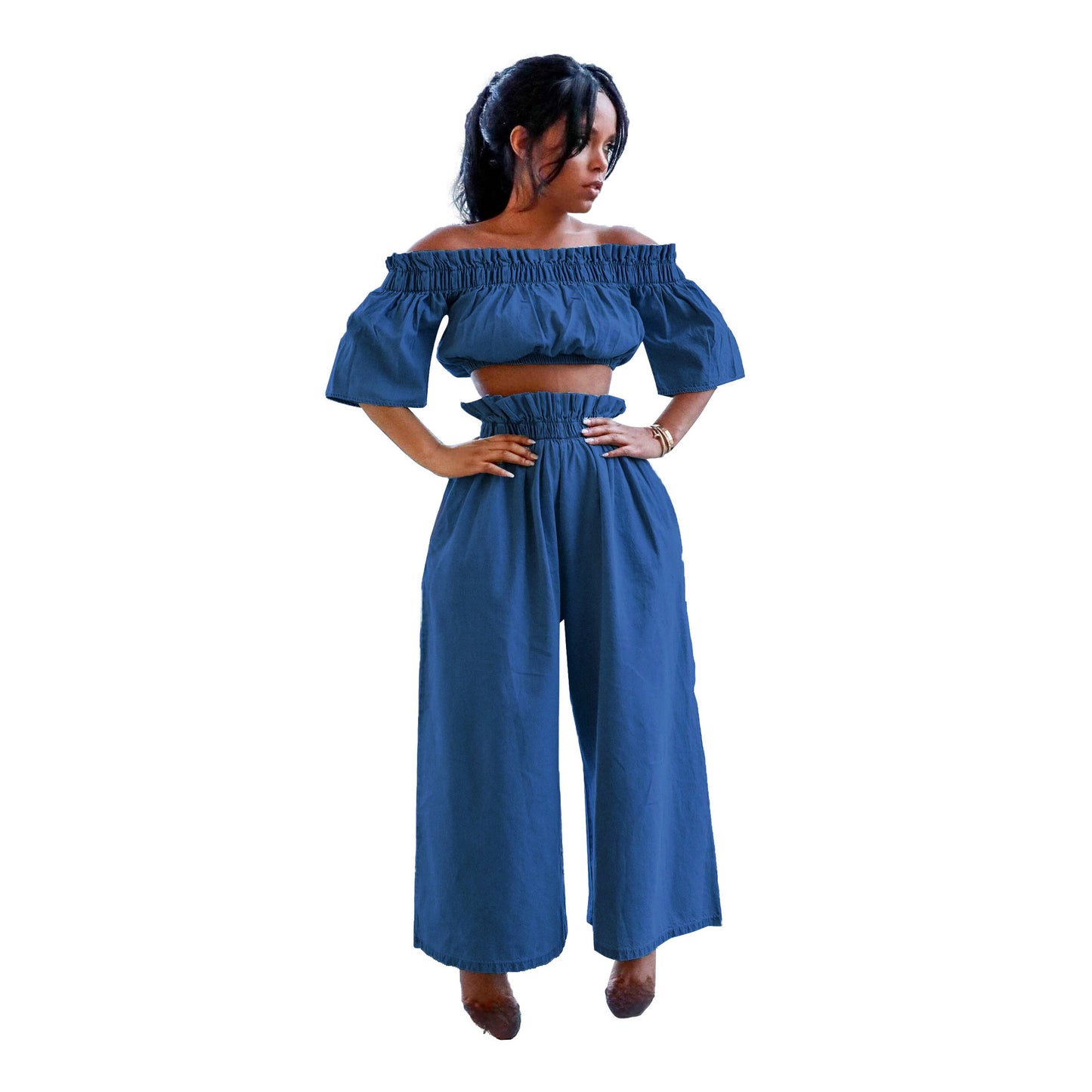 Spot Amazon new one-shoulder crop top European and American ruffles short sleeve wide-legged solid color denim suit women