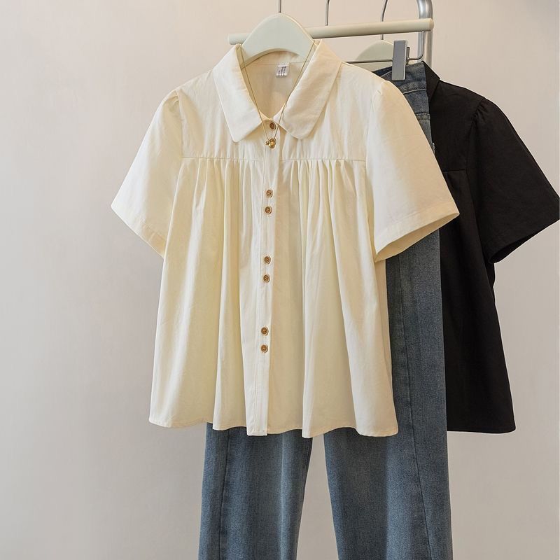 Plus Size Women's French Short Sleeve Shirt Summer 2025mm New Slim Slightly Chubby Flesh Covering Blouse Short