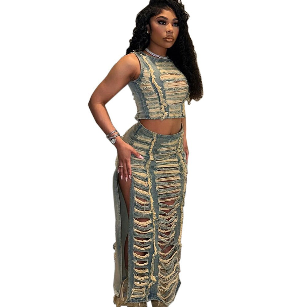 European and American women's denim suits, Amazon cross-border women's clothing trends, personality, hand-frayed vests, slit denim skirts