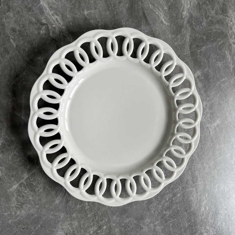 New product embossed ceramic hollow plate display plate fruit cake snack plate Western tableware manufacturer direct sales home restaurant