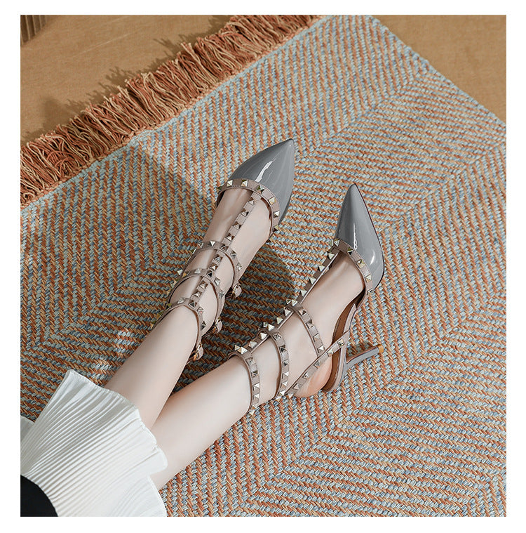 High version studded pointed-toe high heels summer 2025 European and American sexy willow ding stiletto heel three-ring strappy sandals women