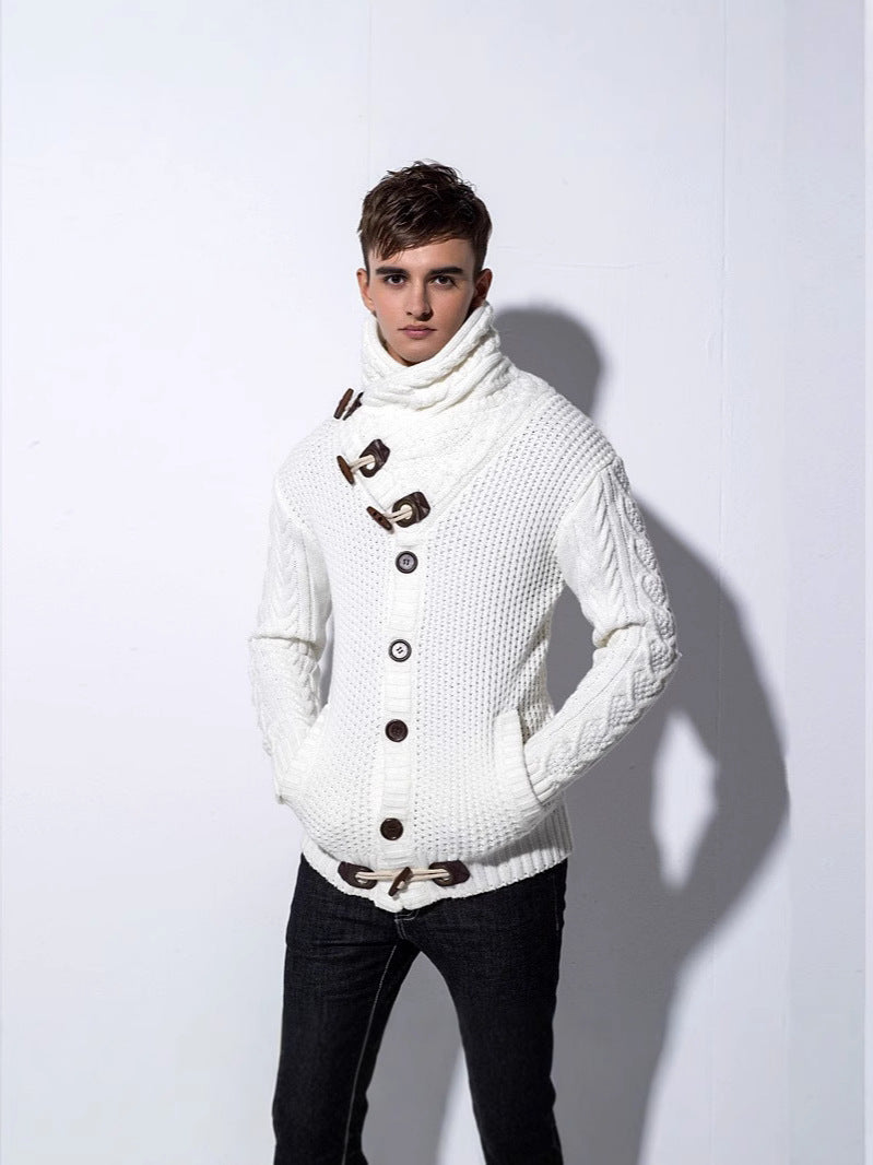 Men's sweater jackets, fashionable horn buttons, cardigans with fleece, thickened student youth sweaters, autumn and winter trends