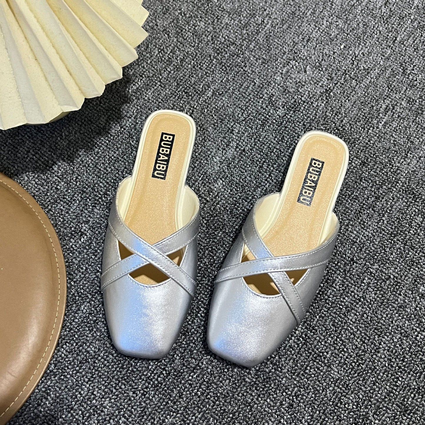 Square toe french style baotou semi-slippers women's 2025 summer pvc casual flat slippers to wear women's sandals women's shoes