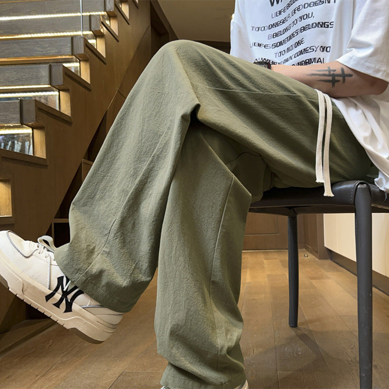 Apricot cotton and linen pants, men's summer thin sweatpants, loose straight slacks, ice silk wide-leg pants, linen women's pants