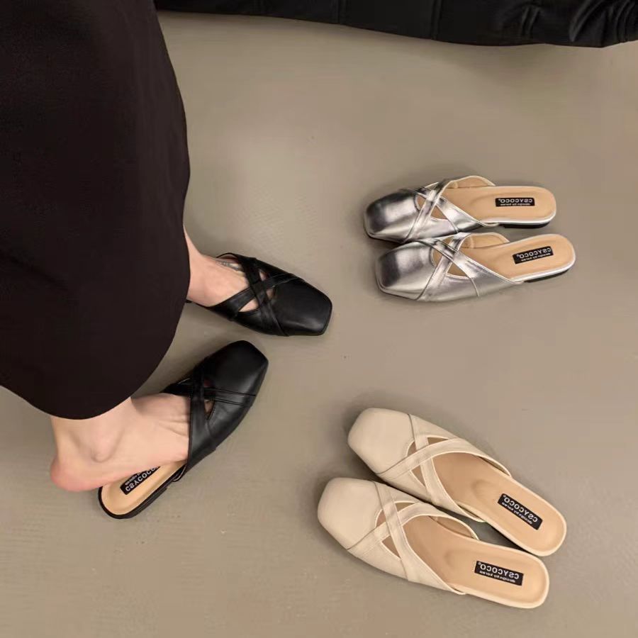 Square toe french style baotou semi-slippers women's 2025 summer pvc casual flat slippers to wear women's sandals women's shoes