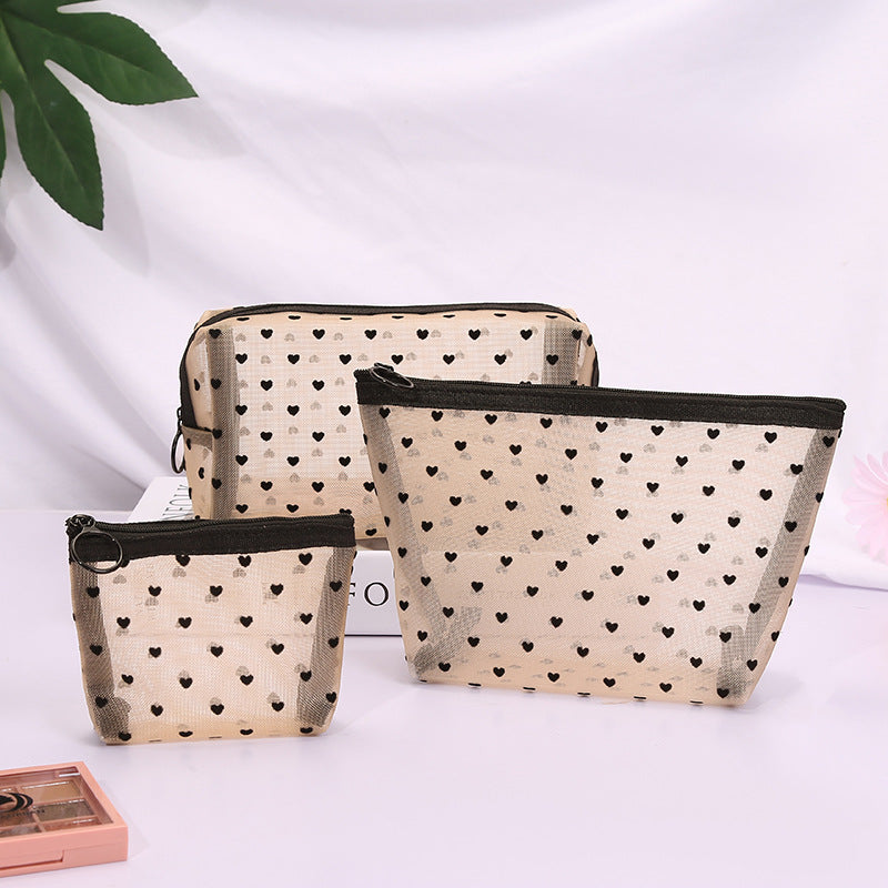 ins Japanese Korean girl heart flocking love mesh cosmetic bag transparent travel storage bag portable lipstick bag wholesale