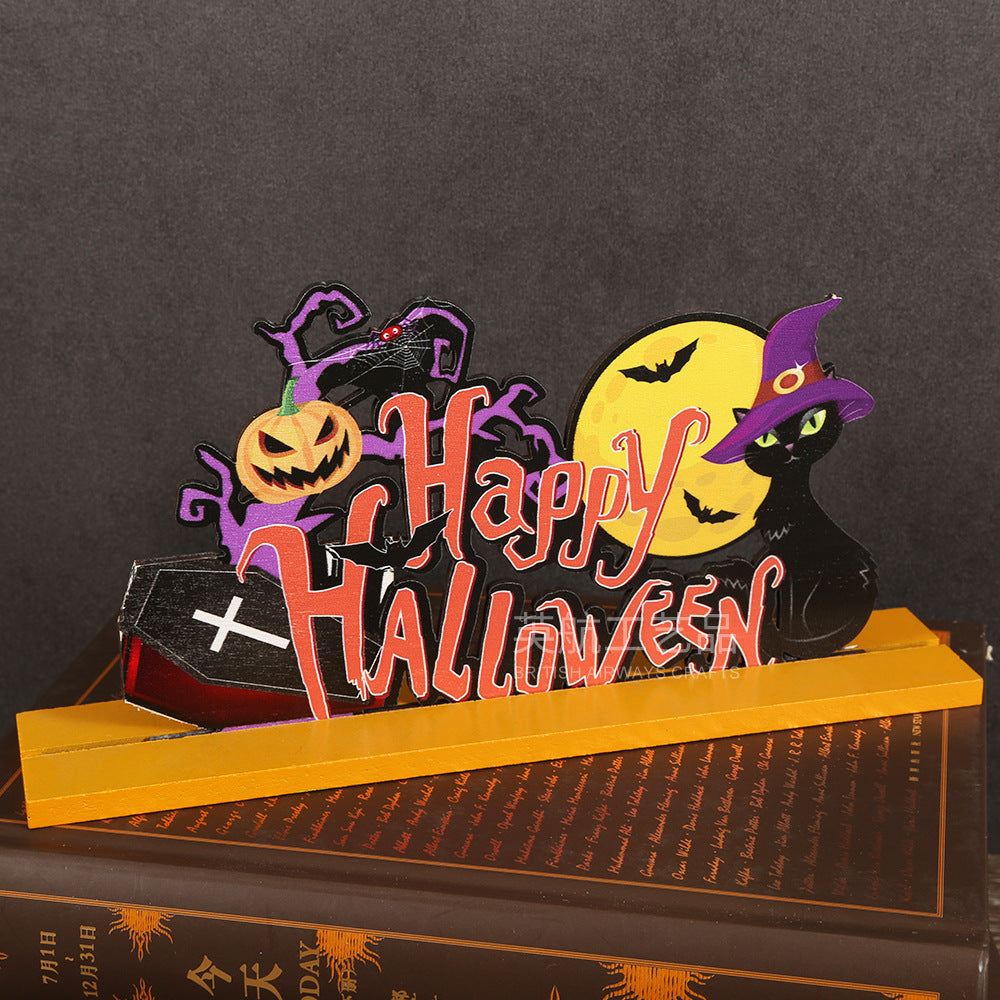 Halloween decorations, wooden ornaments, wooden craft supplies, props, with pedestals, letters, pumpkin tabletop ornaments
