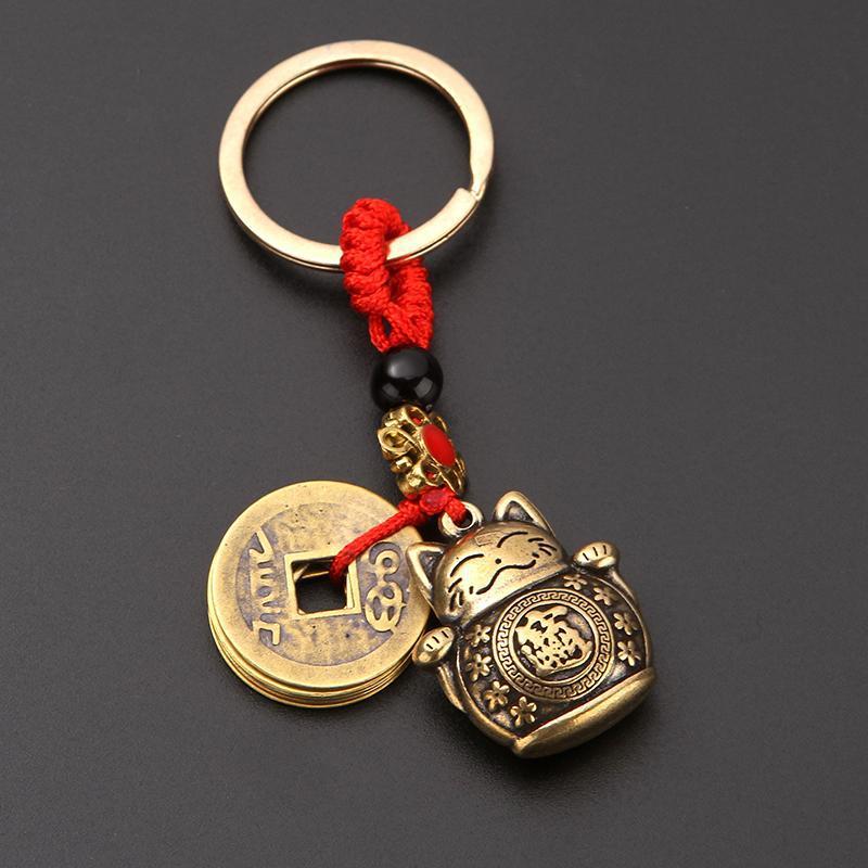 Brass Lucky Cat Five Emperor Money Keychain Copper Lucky Car Pendant Cute Keychain Birthday Gift Ornament