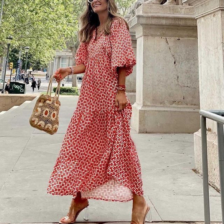 2023 Fall New Independent Station Hot Sale Geometric Print Puff Sleeve Dress Street Fried Street plus-size women's wear