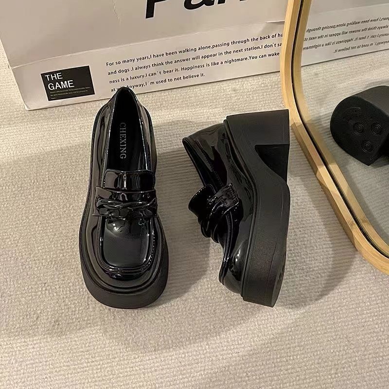 Black British style versatile high heeled platform small leather shoes women's 2024 new summer slip-on increase high loafer single shoes
