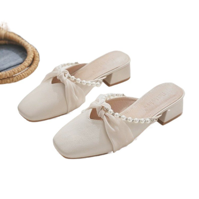 Foreign trade cross-border mid-heel block heel half-holder sandals 2024 summer new fairy style pearl high heels anti-slip women's shoes