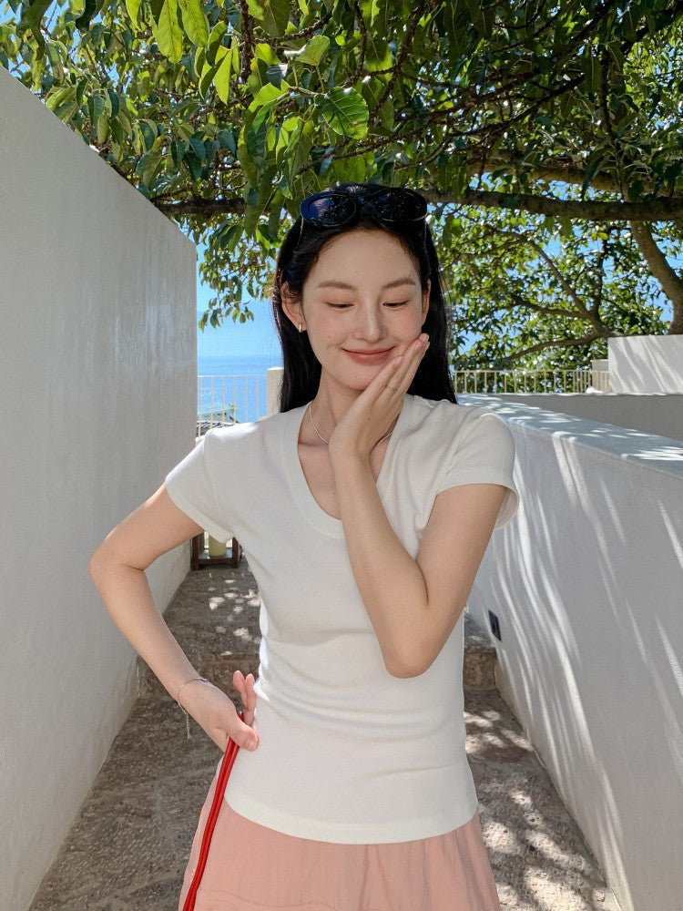 U-neck high-elastic shoulder slim T-shirt DIGM spring and summer hot minimalist slim base shirt short sleeve T-shirt women's 60382