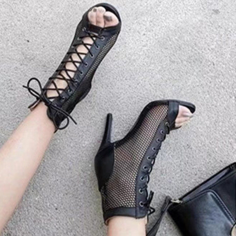 Cross-border new net shoes European and American fashion mesh fish mouth stiletto heel sexy sandals women wholesale AliExpress Amazon