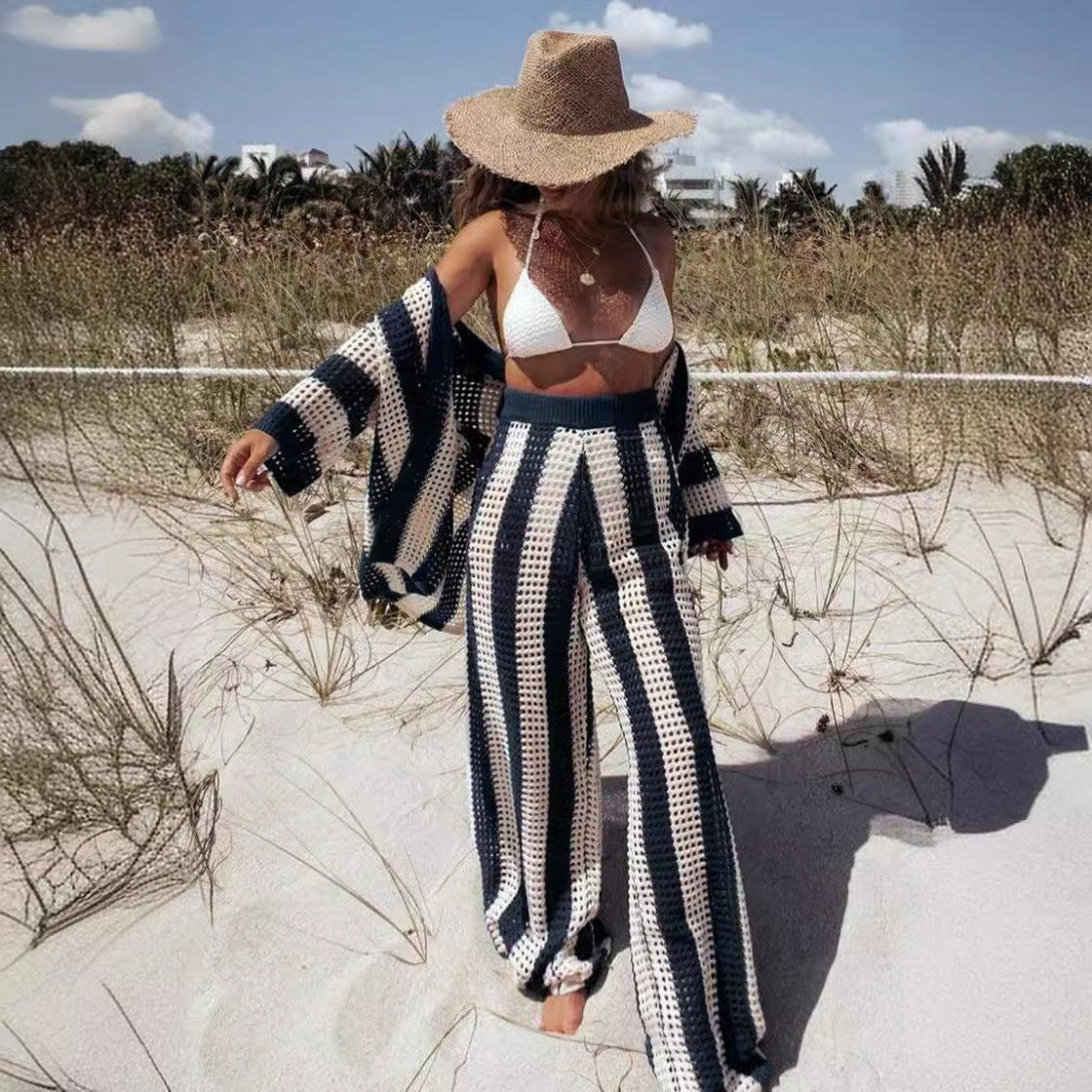 Summer European and American Women's Amazon 2024 Fashion V-Neck Cutout Striped Shirt Loose Knit Wide-leg Pants Set