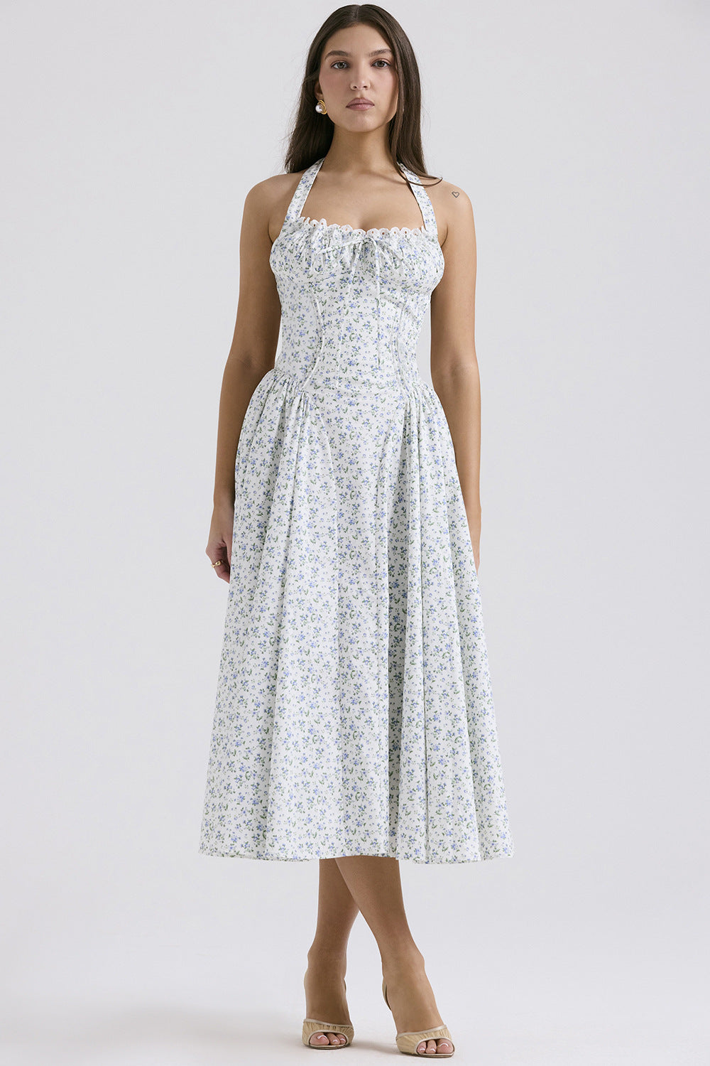 2025 New Summer Slim Slip Long Skirt European and American style fashion print halterneck lace dress
