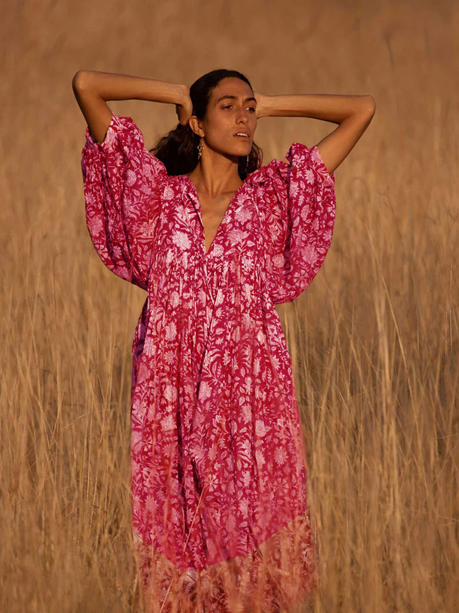 Amazon AliExpress cross-border hot selling personality literary and artistic European and American style people cotton floral fashion printed dress