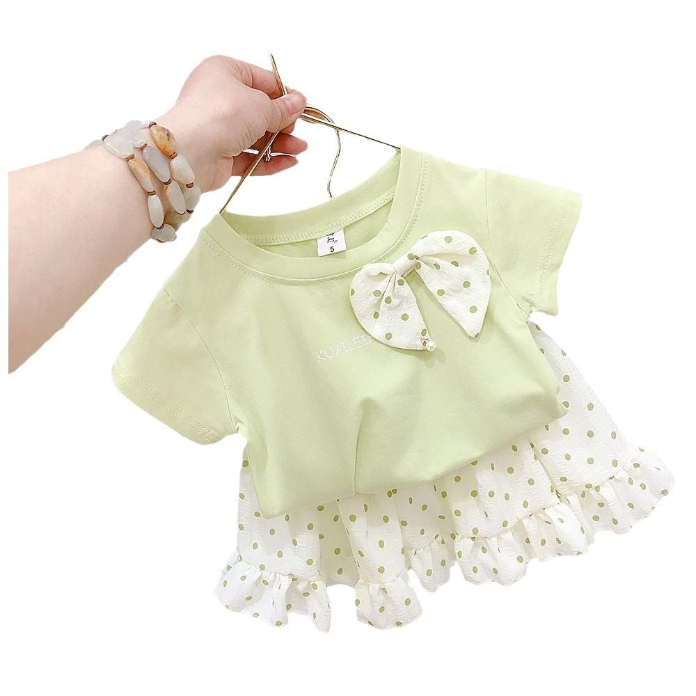 Summer girls children's short-sleeved T-shirt top + polka dot skirt two-piece children's foreign style T-shirt suit