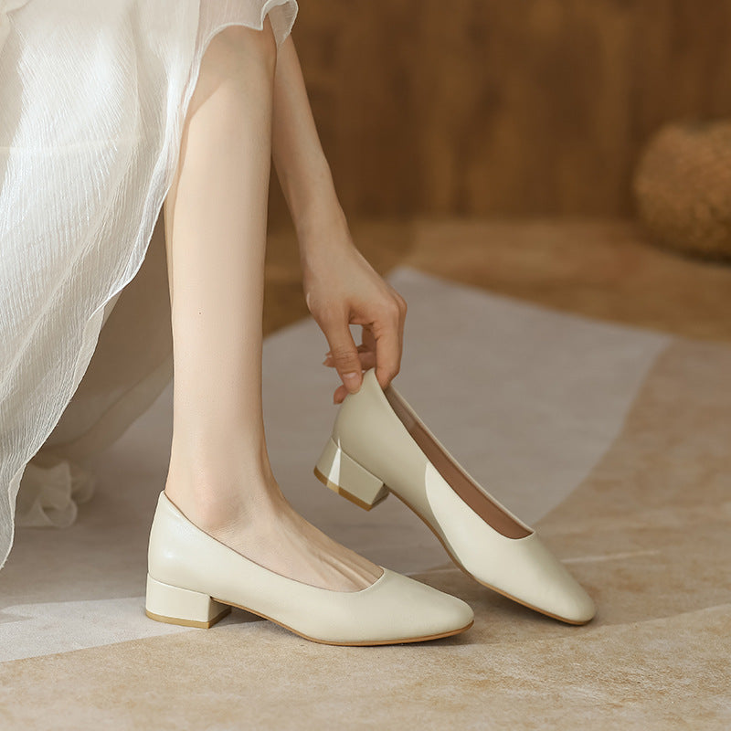 Leather pumps, women's block heels, spring and autumn new versatile square toe medium heel granny shoes, commuter work shoes