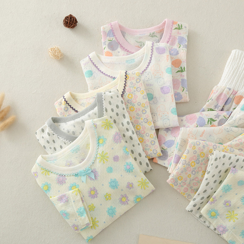 Baby long sleeve suit, cotton summer thin girl air conditioning suit, two-piece high waist belly protection baby loungewear pajamas